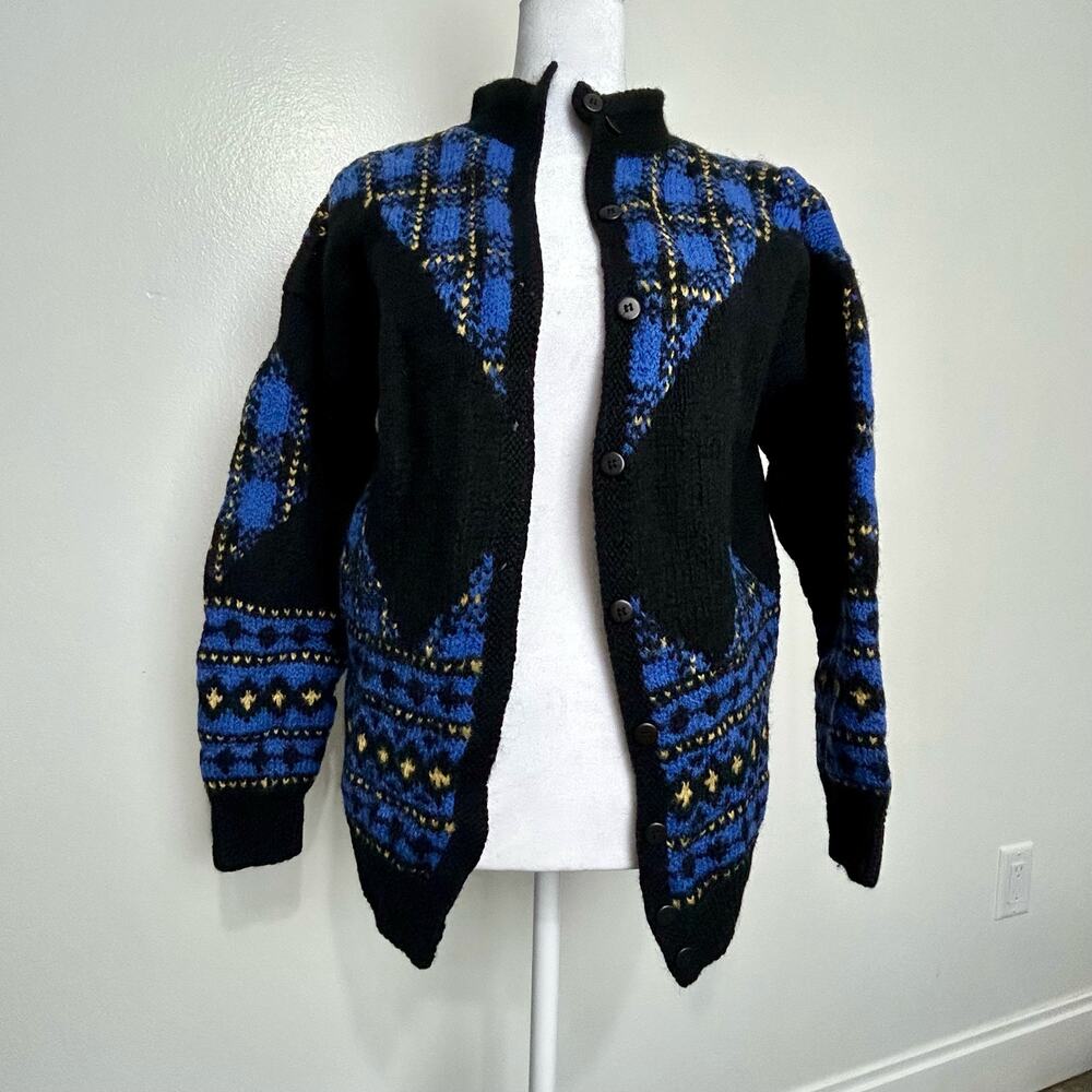 Vintage Plaid Wool Cardigan Sweater Medium 80s Womens Warm Blue Black Yellow